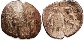 MICHAEL VIII , Æ Trachy, S2271, St. Tryphon stg/Virgin crowns Ruler; at least VG/F for this, brown patina, minimally rough, obv figure hazy, some lett...