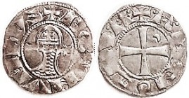 CRUSADERS , Ar Denier, Bohemund IV, 1206-16, knight's head in chain mail/cross, sm crescent; AVF, centered, somewhat crude strike with lgnd wkness & a...