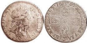 William III, Shilling, 1697-C, 3rd bust, ESC1104, but no obv stops, unlisted variety; VG, good metal with no haymarks, moderately toned, portrait with...
