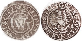 GERMANY , Brandenburg, billon Solidus 1627, 16 mm, GW monogram/Eagle, G-VG, sl uneven dark tone, lettering & date clear.
