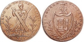 SCOTLAND , 1/2d token 1791, Lothian, Edinburgh D&H 40b, St. Andrew hldg big cross/castle on shield etc; Nice VF, good medium brown surfaces, problem f...