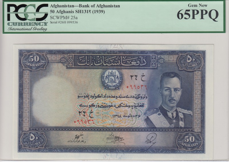 Afghanistan, 50 Afghanis, 1939, UNC, p25a 
PCGS 65 PPQ
Serial Number: 26H 0995...