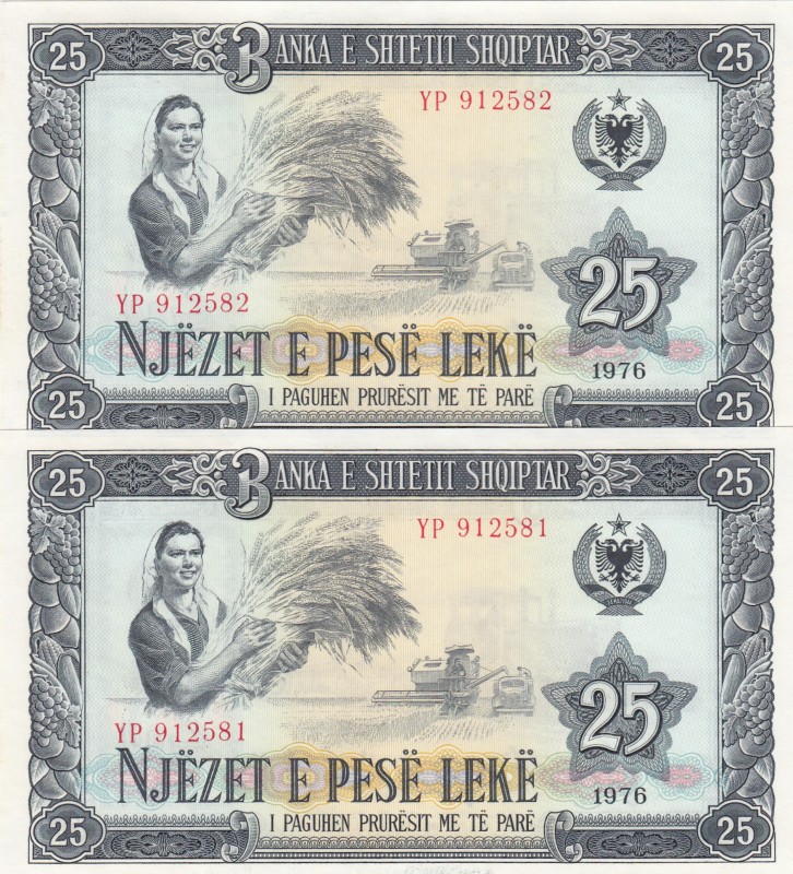 Albania, 25 Leke, 1976, UNC, p44, (Total 2 consecutive banknotes)
Serial Number...