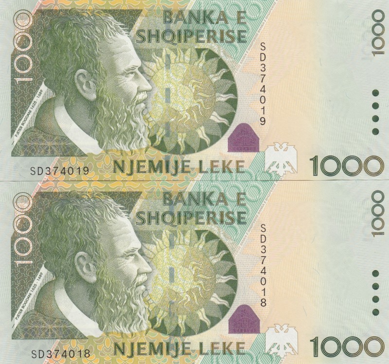 Albania, 1.000 Leke, 2001, UNC, p69, (Total 2 consecutive banknotes)
Serial Num...