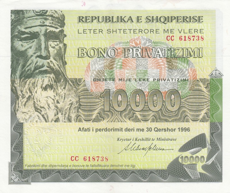 Albania, 10.000 Leke, 1996, XF, 
Privatization Bonds
Serial Number: CC 618738...
