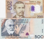 Albania, 200-500 Leke, (Total 2 banknotes)
200 Leke, 2019, pNew, UNC, Polymer Plastic Banknote; 500 Leke, 2015, p72, AUNC
Serial Number: AA0976281, ...