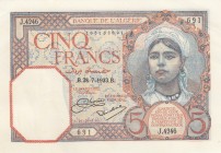Algeria, 5 Francs, 1933, XF, p77 
Serial Number: J.4246 691
Estimate: 40-80 USD