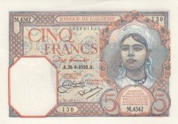 Algeria, 5 Francs, 1933, XF, p77 
There are pinholes.
Serial Number: M.4347 130
Estimate: 40-80 USD