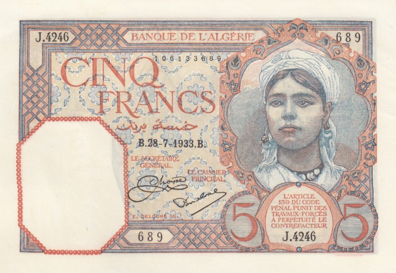 Algeria, 5 Francs, 1933, UNC, p77a 
Serial Number: J.4246 689
Estimate: 100-20...
