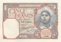 Algeria, 5 Francs, 1933, UNC, p77a 
Serial Number: J.4246 689
Estimate: 100-200 USD