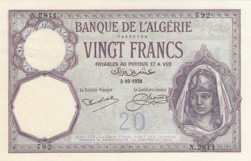 Algeria, 20 Francs, 1928, UNC (-), p78 
There are pinholes.
Serial Number: N.2...