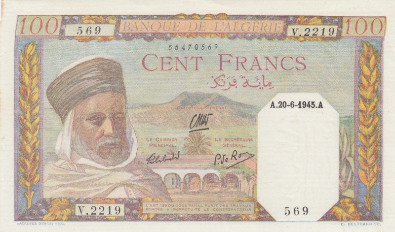 Algeria, 100 Francs, 1945, UNC (-), p85 
There are stain.
Serial Number: V.221...