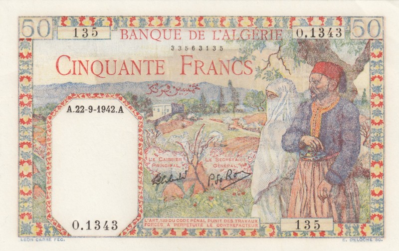 Algeria, 50 Francs, 1942, UNC (-), p87 
Serial Number: O.1343 135
Estimate: 90...