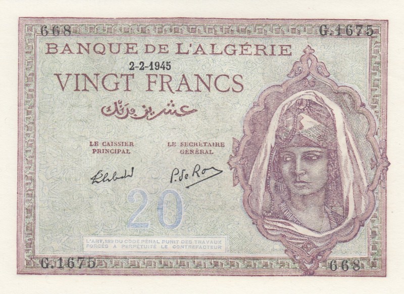 Algeria, 20 Francs, 1945, UNC, p92 
Serial Number: G.1675 668
Estimate: 75-150...