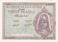 Algeria, 20 Francs, 1945, UNC, p92 
Serial Number: G.1675 668
Estimate: 75-150 USD