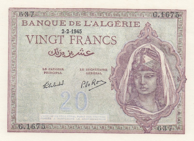 Algeria, 20 Francs, 1945, UNC, p92b 
Serial Number: G.1675 637
Estimate: 80-16...