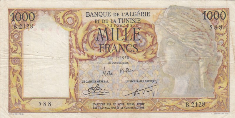 Algeria, 1958, VF, p107b 
Banknote also has pinhole
Serial Number: B.1218 588...