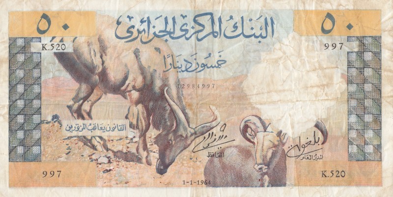 Algeria, 50 Dinars, 1964, VF, p124a 
There are stain.
Serial Number: K.520 997...