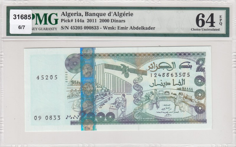 Algeria, 2.000 Dinars, 2011, UNC, p144a 
PMG 64 EPQ
Serial Number: 45205 09083...
