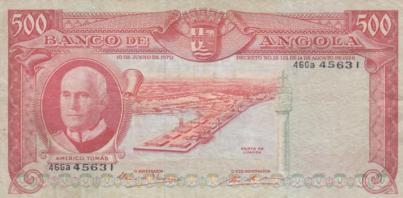 Angola, 500 Escudos, 1970, VF, p97 
Serial Number: 46Ga 45631
Estimate: 25-50 ...