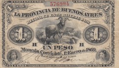 Argentina, 1 Peso, 1869, VF, pS481 
Serial Number: 576994
Estimate: 75-150 USD