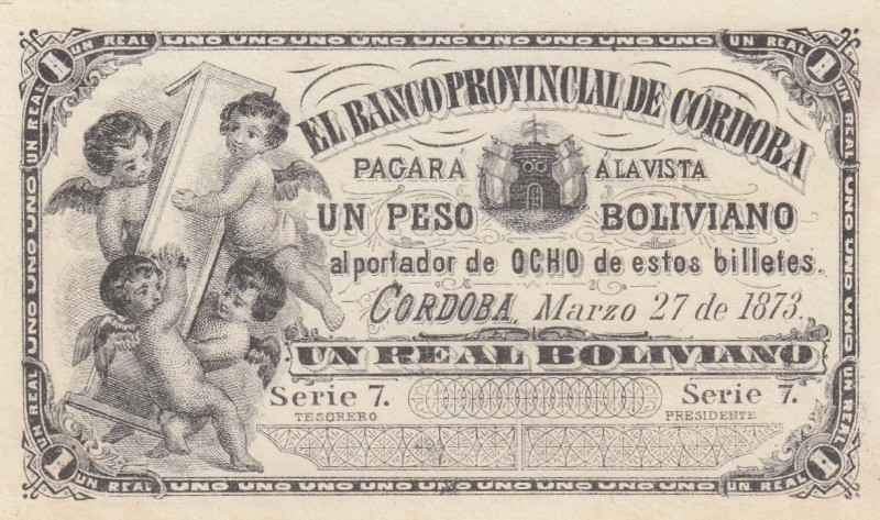 Argentina, 1 Peso, 1873, UNC, 
Serial Number: S7
Estimate: 75-150 USD