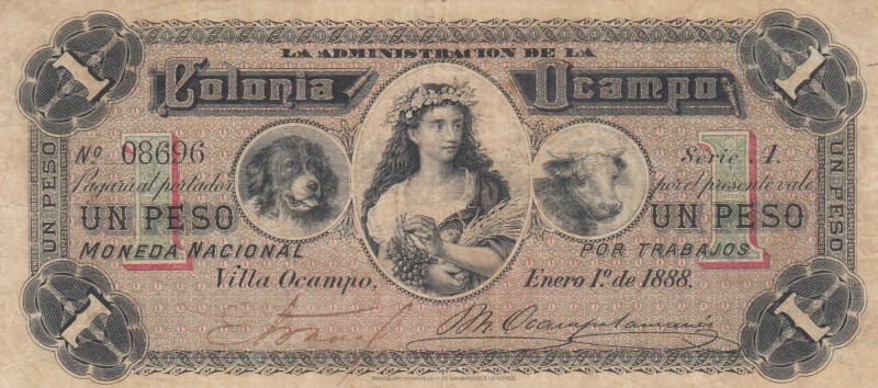 Argentina, 1 Peso, 1888, VF, pS-1566 
Serial Number: A. 08696
Estimate: 100-20...