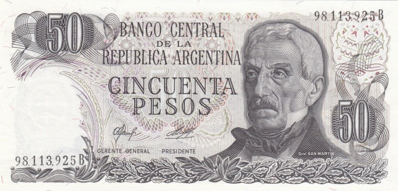 Argentina, 50 Pesos, 1976, UNC, p301 
Serial Number: 98.113.925B
Estimate: 5-1...