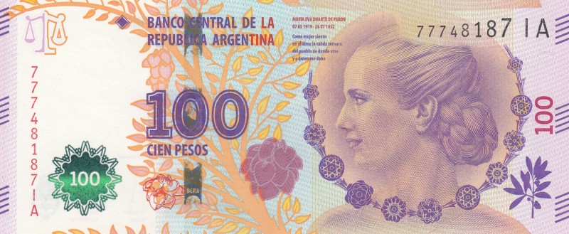 Argentina, 100 Pesos, 2016, UNC, p358c 
Eva Peron
Serial Number: 77748187 IA
...