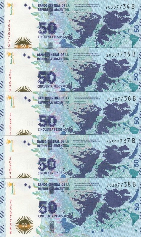 Argentina, 50 Pesos, 2015, UNC, p362, (Total 5 consecutive banknotes)
Falkland ...