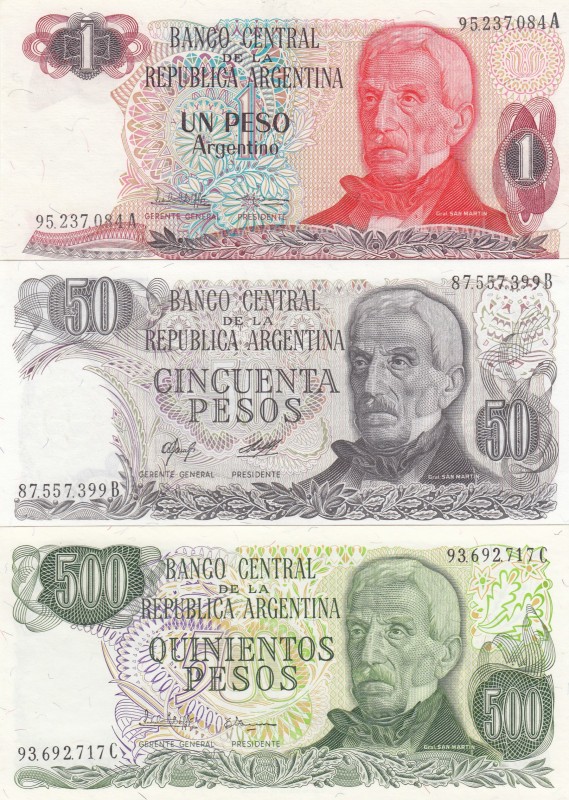 Argentina, 1-50-500 Pesos, UNC, (Total 3 banknotes)
1 Peso, 1983, p311a; 50 Pes...