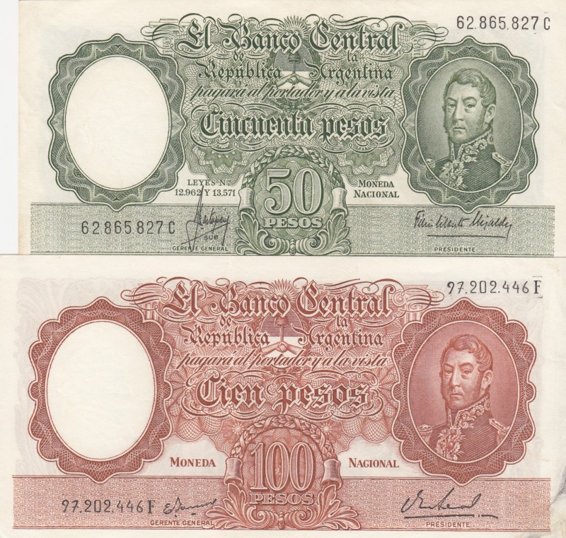 Argentina, 50-100 Pesos, (Total 2 banknotes)
50 Pesos, 1955-68, p271, AUNC; 100...