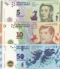 Argentina, UNC, (Total 3 banknotes)
5 Pesos, 2015, p359, UNC; 10 Pesos, 2016, p360, UNC; 50 Pesos, 2015, p362, UNC, Commerative Banknote
Serial Numb...