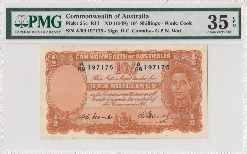 Australia, 10 Shillings, 1949, VF, p25c 
PMG 35 EPQ
Serial Number: A/69 197175...