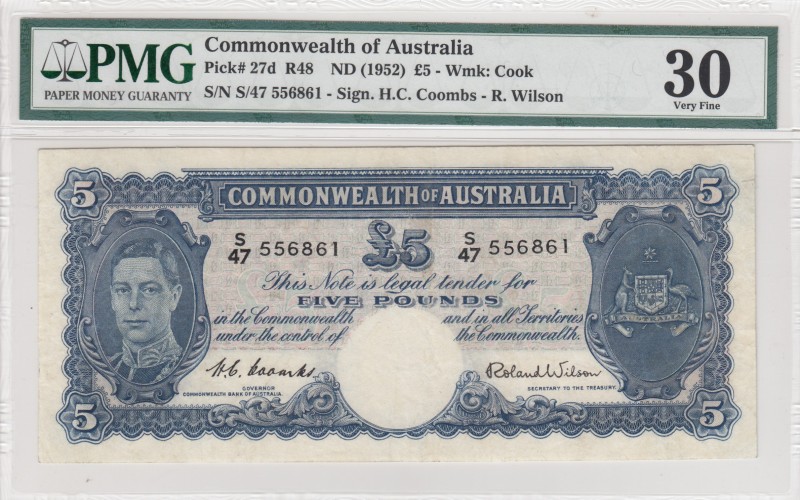 Australia, 5 Pounds, 1952, VF, p27d 
PMG 30
Serial Number: S/47 556861
Estima...