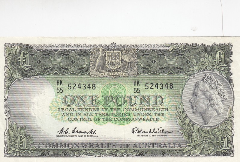Australia, 1 Pound, 1953-1960, VF, p30 
Serial Number: HK 55 524348
Estimate: ...
