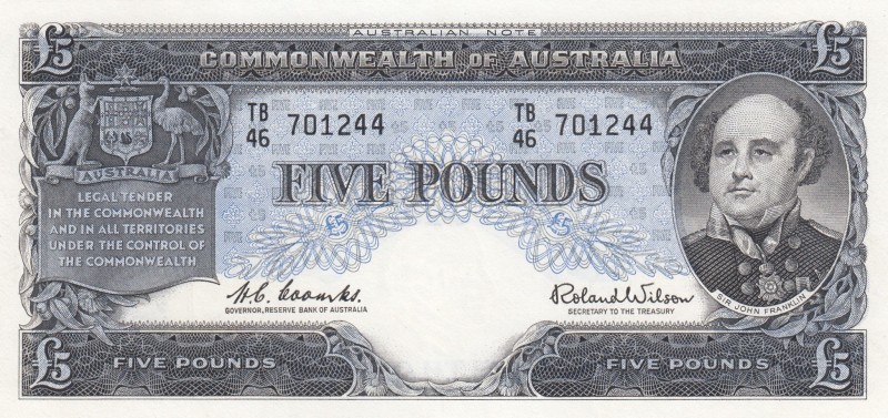 Australia, 5 Pounds, 1960/1965, AUNC, p35a 
Serial Number: TB/46 701244
Estima...