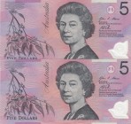 Australia, 5 Dollars, 2013, UNC, p57h, (Total 2 banknotes)
Queen Elizabeth II potrait. Polymer plastic consecutive serial numbers banknotes.
Serial ...