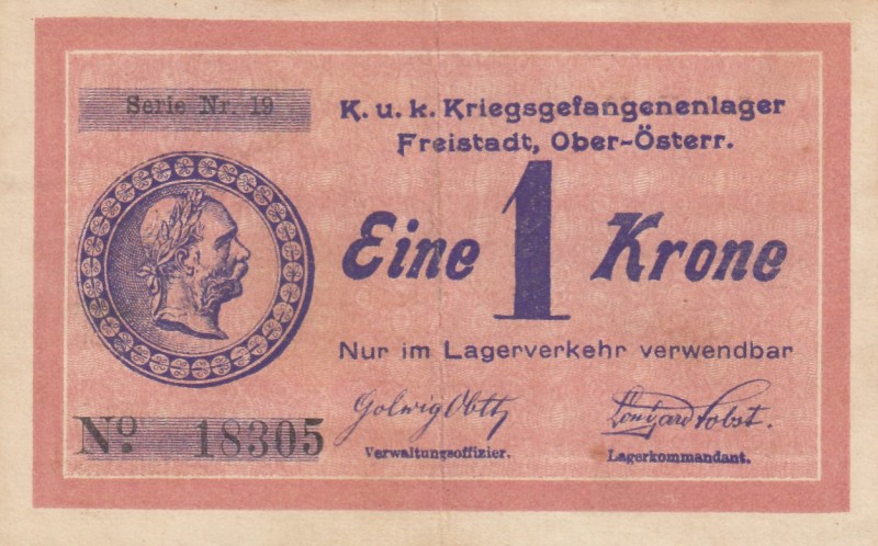 Austria, 1 Krone, 1916, XF, 
Pow Camp, Rare
Serial Number: 18305
Estimate: 50...