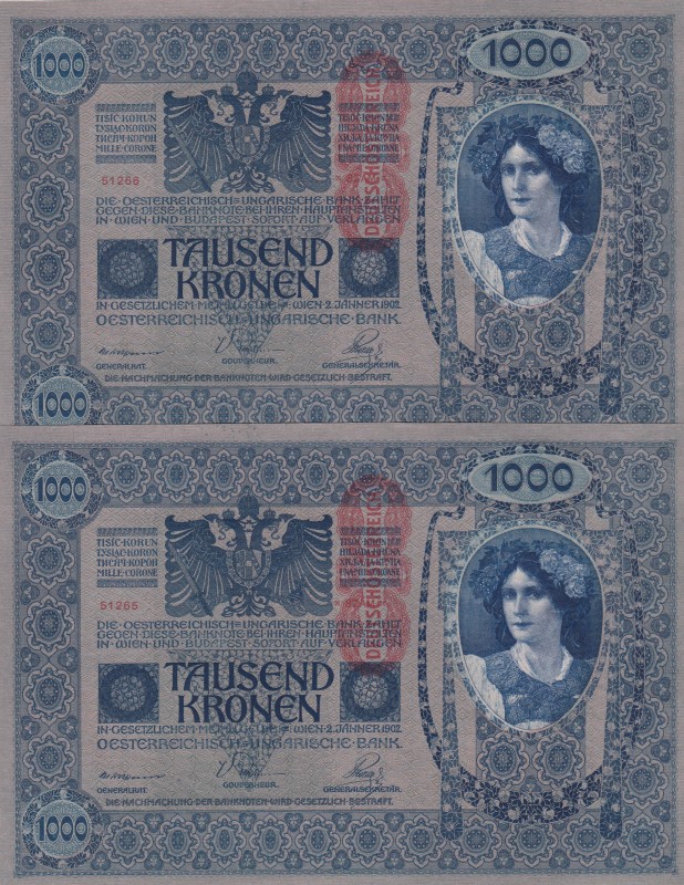 Austria, 1.000 Kronen, 1902, UNC, p59, (Total 2 consecutive banknotes)
Serial N...