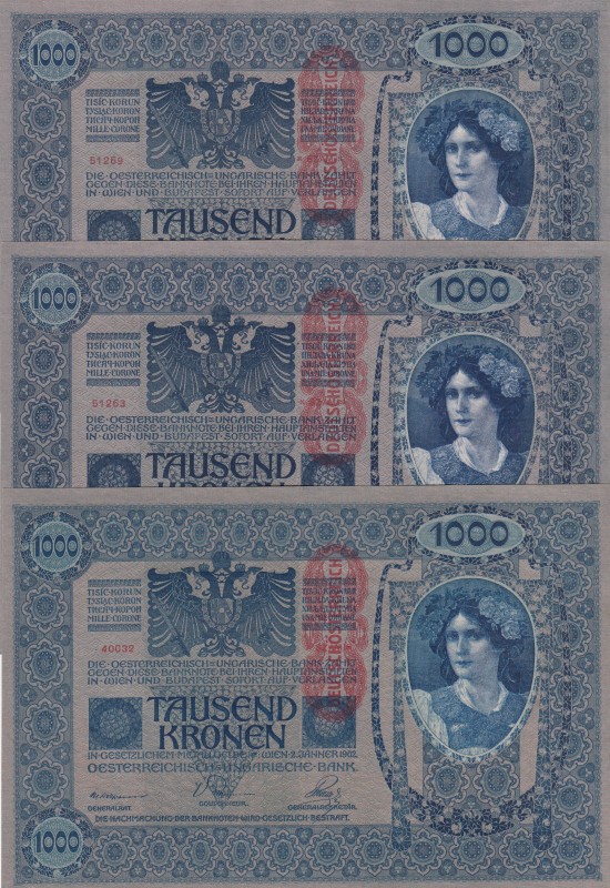 Austria, 1.000 Kronen, 1902, UNC, p59, (Total 3 banknotes)
Serial Number: 40032...