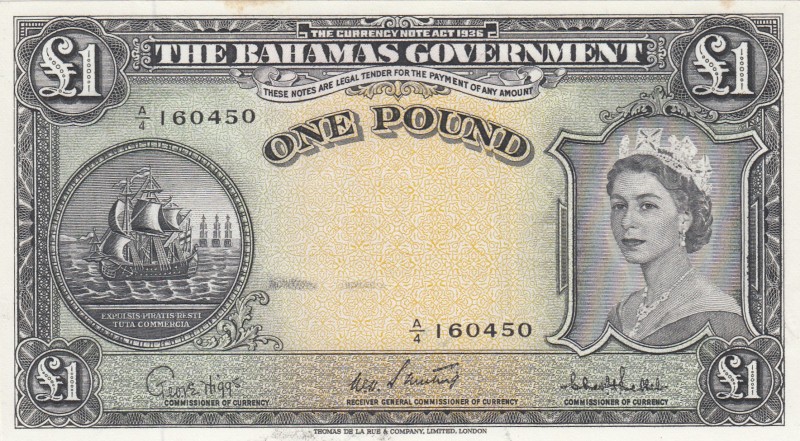 Bahamas, 1 Pound, 1953, AUNC (-), p15c 
Portrait of Queen Elizabeth II
Serial ...
