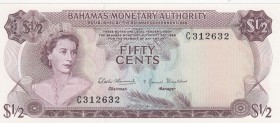 Bahamas, 1/2 Dollar, 1968, UNC, p26 
Queen Elizabeth II potrait. 
Serial Number: C312632
Estimate: 25-50 USD