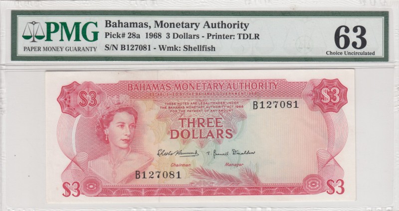 Bahamas, 3 Dollars, 1968, UNC, p28a 
PMG 63
Serial Number: B127081
Estimate: ...
