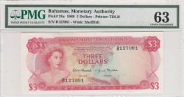 Bahamas, 3 Dollars, 1968, UNC, p28a 
PMG 63
Serial Number: B127081
Estimate: 125-250 USD
