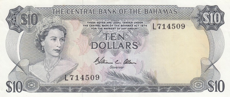 Bahamas, 10 Dollars, 1974, XF, p38b 
Serial Number: L714509
Estimate: 125-250 ...