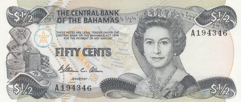 Bahamas, 1/2 Dollar, 1984, UNC, p42 
Queen Elizabeth II potrait. 
Serial Numbe...
