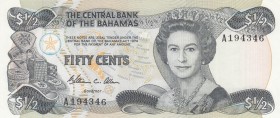 Bahamas, 1/2 Dollar, 1984, UNC, p42 
Queen Elizabeth II potrait. 
Serial Number: A194346
Estimate: 25-50 USD