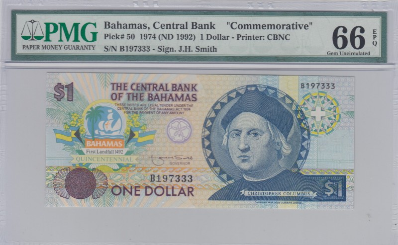 Bahamas, 1 Dollar , 1992, UNC, p50 
PMG 66 EPQ, Commemorative Banknote
Serial ...