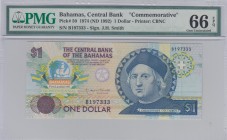Bahamas, 1 Dollar , 1992, UNC, p50 
PMG 66 EPQ, Commemorative Banknote
Serial Number: B197333
Estimate: 30-60 USD